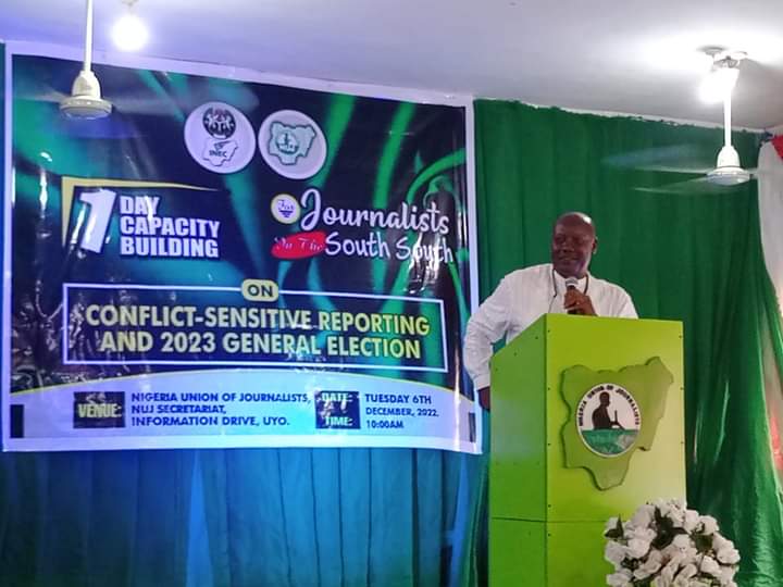 2023: INEC, NUJ train South-south journalists on conflict-sensitive reporting 7 NUJ National VP, Zone F, Comrade Okpaka Dokubo, speaking on “The Media and the 2023 General Election”