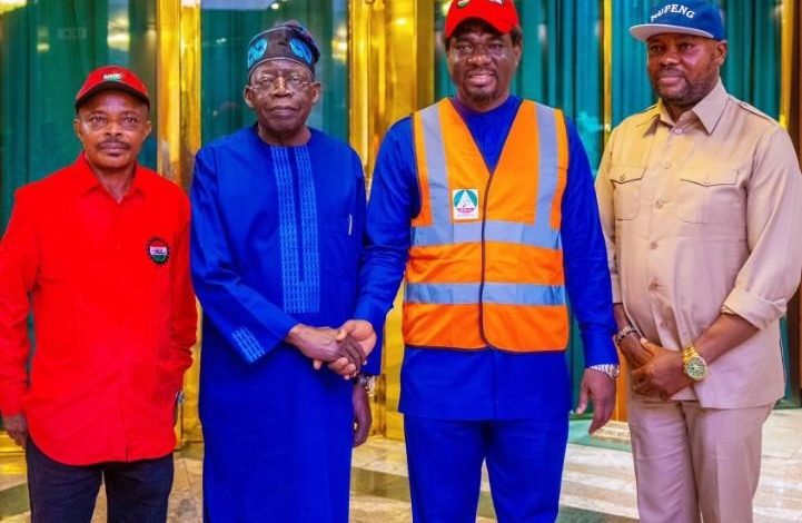 • President Tinubu (m) with some labour leaders after a meeting at Aso Villa on Wednesday
