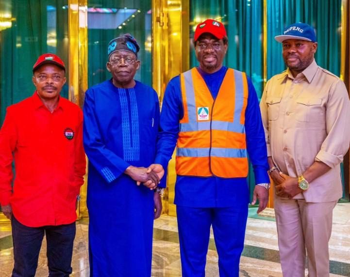 JUST IN: NLC confirms suspension of strike following Tinubu’s intervention 3 • President Tinubu (m) with some labour leaders after a meeting at Aso Villa on Wednesday