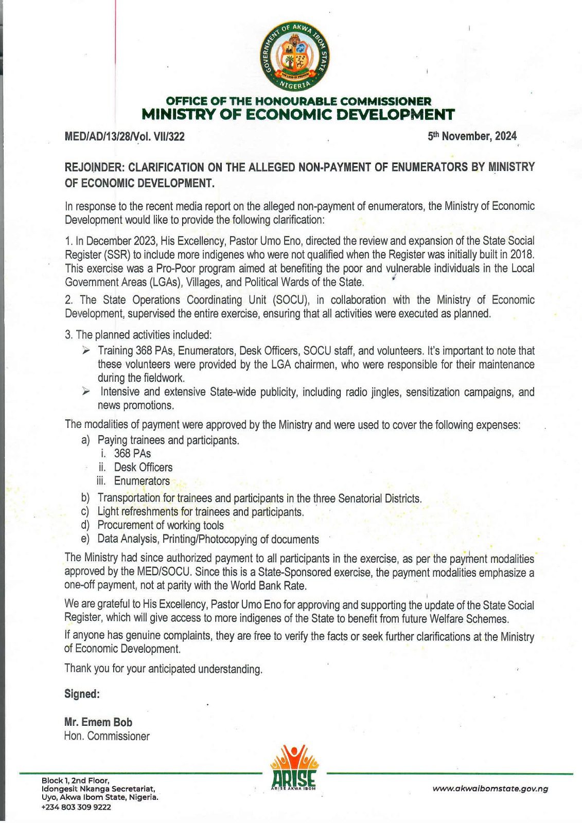 REJOINDER: CLARIFICATION ON THE ALLEGED NON-PAYMENT OF ENUMERATORS BY MINISTRY OF ECONOMIC DEVELOPMENT