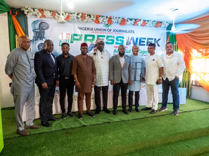 AI: SSA Brand Mgt advocates content modulation, ethical compliance 6 • NUJ Chairman, Comrade Amos Etuk (m) & the panelists at the opening of the 2024 Press Week, on Monday.