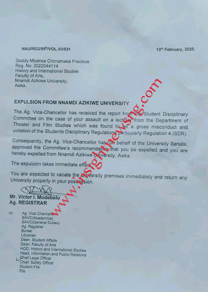 How UNIZIK expelled student, Chimamaka Precious, for assaulting lecturer 3 • Goddy-Mbakwe Chimamaka Precious' expulsion letter