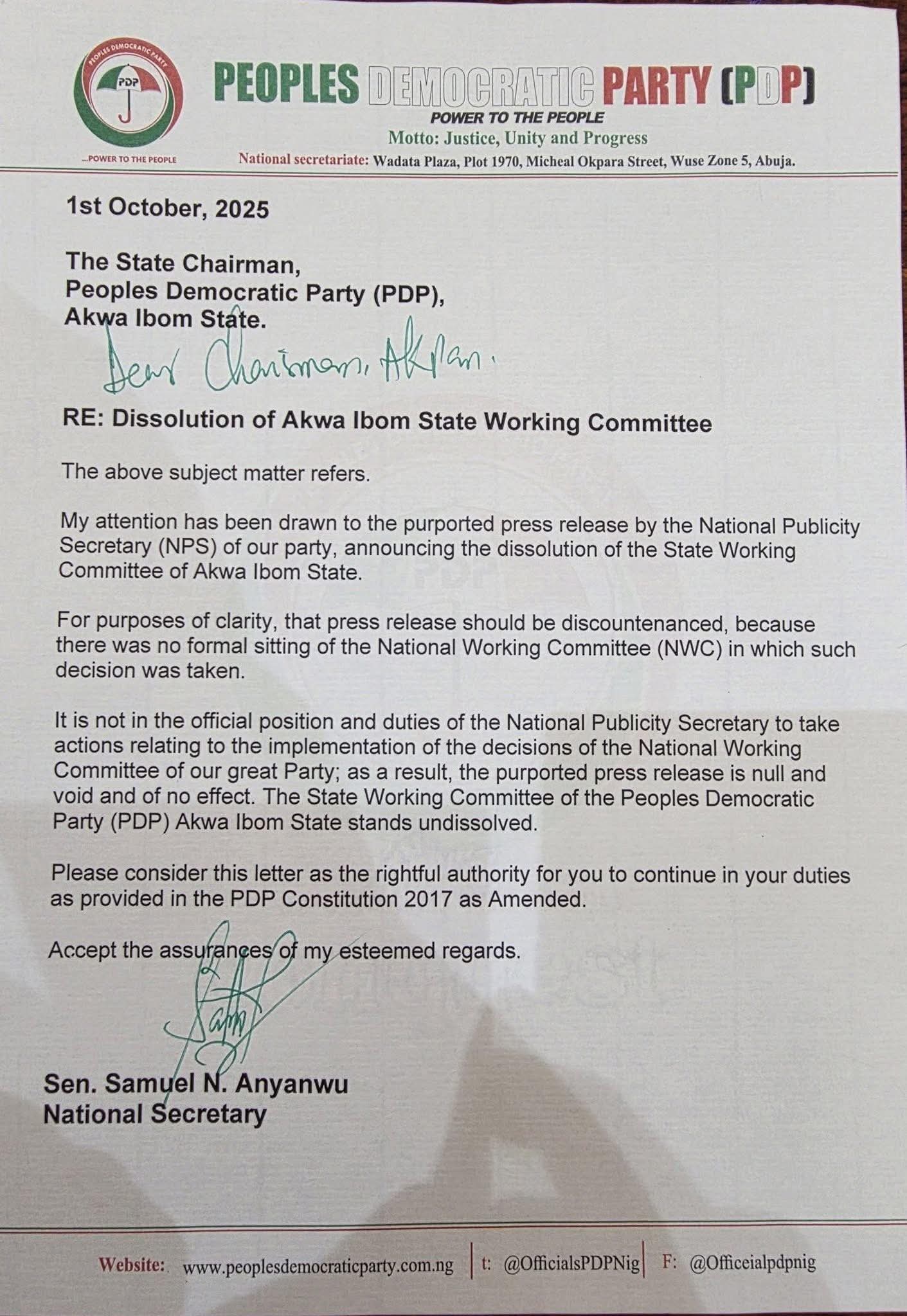 PDP crisis deepens as Anyanwu voids dissolution of Akwa Ibom PDP EXCO 3 • Senator Anyanwu's letter