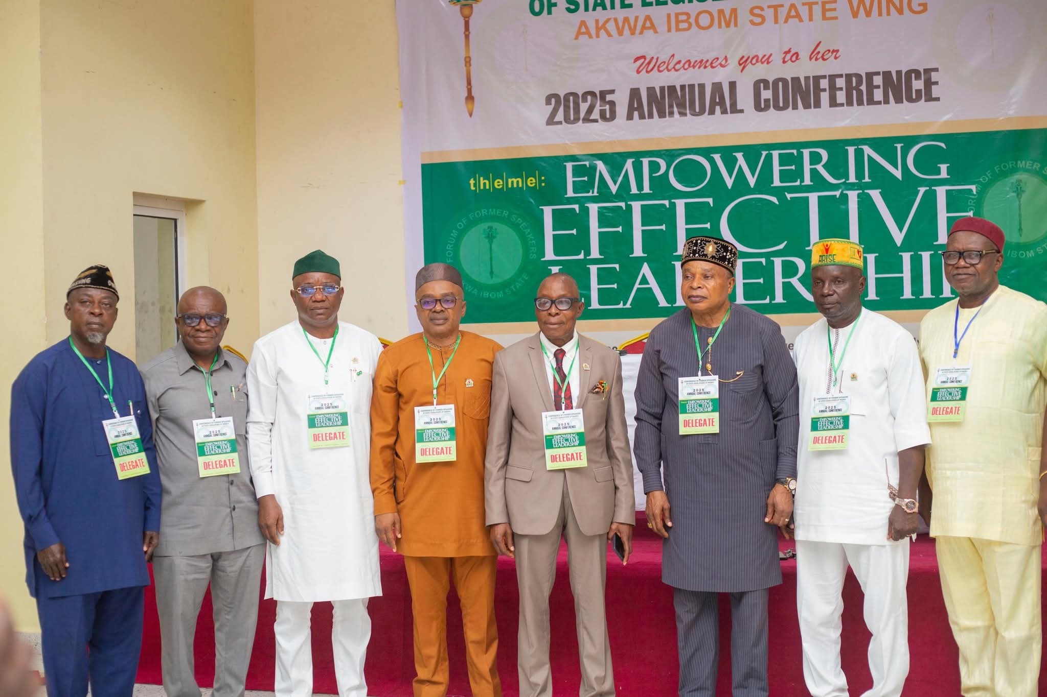From R—L: Rt. Hon. Peter Linus Umoh, Rt. Hon. Anietie Etuk, Rt. Hon. Aniekan Uko, Rt. Hon. Sam Ikon, Barr Nse Ben Ekanem (Chairman of the group), Chief Nelson Effiong, Rt. Hon. Ignatius Edet, & Barr Bassey Essien, all former AKHA speakers shortly after their meeting on Thursday in Uyo 