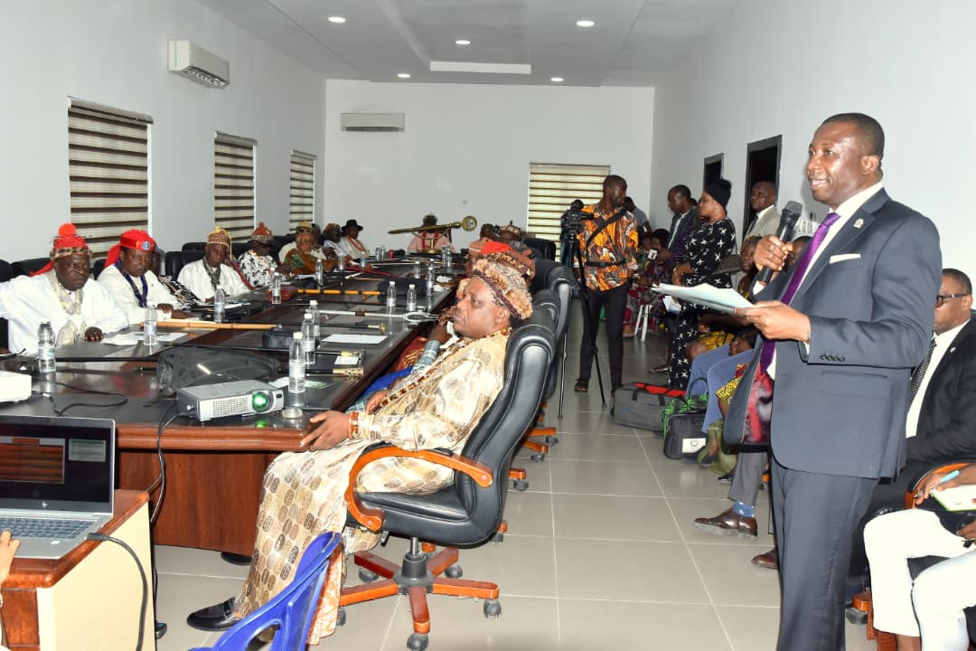 • Akwa Ibom State Supreme Council of Traditional Rulers in session with the Executive Chairman of AKIRS, Sir Okon Okon (right). Photo: AKIRS media
