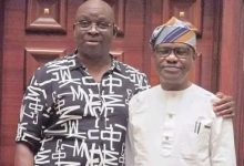 • L-R: Former Governor of Ekiti State, Ayodele Fayose with the Minister of the Federal Capital Territory, Nyesom Wike