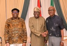 • President Bola Tinubu (m), FCT minister, Nyesom Wike (r) & Rivers State Governor, Mr Sim Fubara