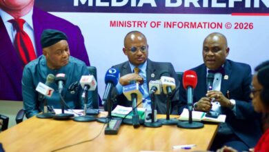 • Commissioner for Health, Dr Ekem John (M), his counterpart in the Ministry of Information, Mr Aniekan Umannah (R) & the Chief Press Secretary to the Governor, Mr Ekerette Udoh (L) at the briefing, yesterday