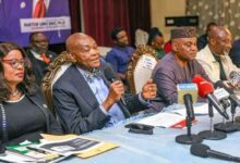 AG/Commissioner for Justice, Uko Udom SAN (m) speaking at the briefing on Thursday 